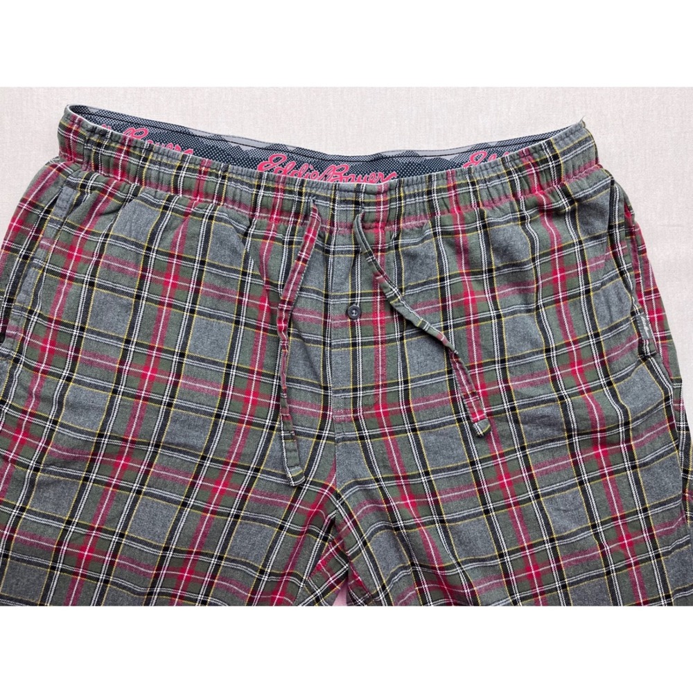Eddie Bauer Mens Grey Red Plaid Cotton Pajama Lounge Pants Size L Drawstring Fly